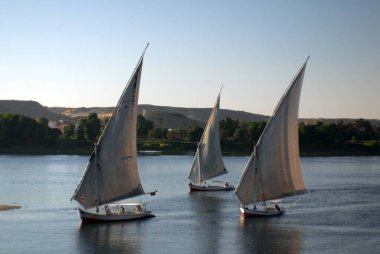 ASWAN EGYPT - 125 08: Felucca, Aswan, Mısır yakınlarındaki Nil nehri üzerinde yelken açıyor. Bugün görülen dostlar MÖ 3350 yılında icat edildi.