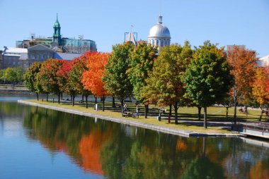MONTREAL, QUEBEC, CANADA - 10 2010: Arka planda eski Montreal ile Parc Jean Drapeau 'dan sonbahar manzarası 