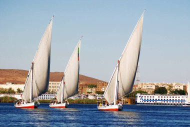 ASWAN EGYPT - 125 08: Felucca, Aswan, Mısır yakınlarındaki Nil nehri üzerinde yelken açıyor. Bugün görülen dostlar MÖ 3350 yılında icat edildi.