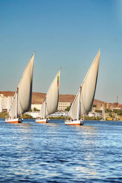 ASWAN EGYPT - 125 08: Felucca, Aswan, Mısır yakınlarındaki Nil nehri üzerinde yelken açıyor. Bugün görülen dostlar MÖ 3350 yılında icat edildi.