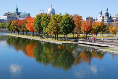 MONTREAL, QUEBEC, CANADA - 10 2010: Arka planda eski Montreal ile Parc Jean Drapeau 'dan sonbahar manzarası 