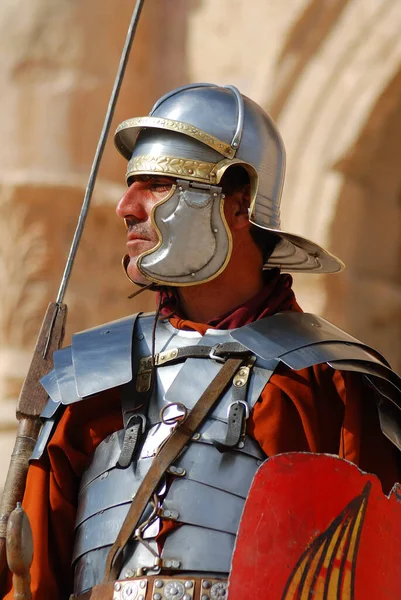 Jerash Novembro Homem Jordaniano Veste Como Soldado Romano Durante Show — Fotografia de Stock