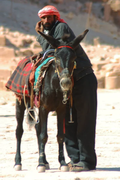 阿拉伯男子与驴子在沙漠中 — 图库照片