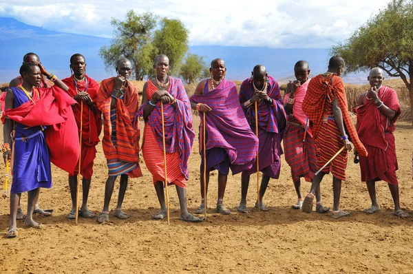 Amboseli Kenya Oct 一群来自马赛部落的身份不明的非洲人准备于2011年10月13日在肯尼亚的马赛马拉展示传统的跳跃舞 他们是游牧民族 住在小村庄里 — 图库照片