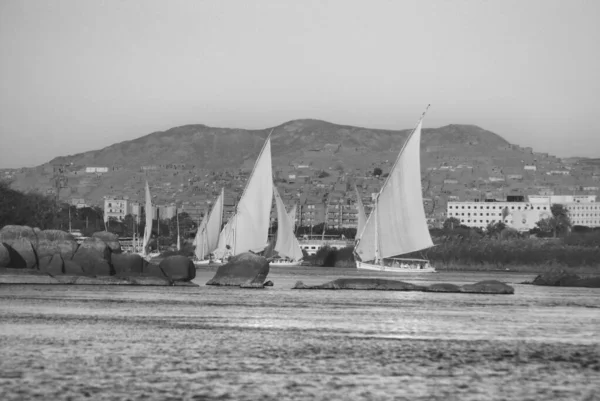 Aswan Egitto Felucca Naviga Sul Fiume Nilo Nei Pressi Assuan — Foto Stock