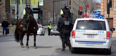 MONTREAL QUEBEC CANADA 03 24 2020: Montreal atlı devriye memurları at birimleriyle ilgili polis operasyonlarında uzmandır. Covid-19 salgınında görevliyim.