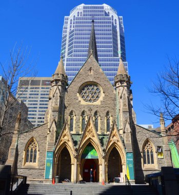 MONTREAL CANADA - 03: 24 2020: Saint James United Church, Kanada 'nın Quebec kentinde bulunan bir miras kilisesidir. Kanada Birleşik Kilisesi 'ne bağlı bir Protestan kilisesidir.
