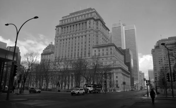 MONTREAL QUEBEC CANADA - 04 17 2020: Sunlife building in Montreal canada.The Sun Life Building is an historic office building at 1155 Metcalfe Street. Place ville Marie in background.