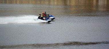 MONTREAL QUEBEC CANADA - 05 07 2020: Seadoo Jet ski, Boat and Seaplane in Montreal on St-Laurence river, Jacques-Cartier pier  Old Port of Montreal