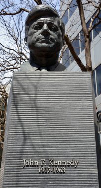 MONTREAL CANADA - 05 20 2020: JFK bronze statue, The monument was produced by Paul Lancz in 1986 and donated to the city by the Birks Family Foundation..John Fitzgerald Kennedy was 35th President USA