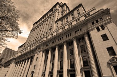 MONTREAL QUEBEC CANADA - 05 20 2020: Sunlife building in Montreal canada.The Sun Life Building is an historic office building at 1155 Metcalfe Street. Place ville Marie in background. 