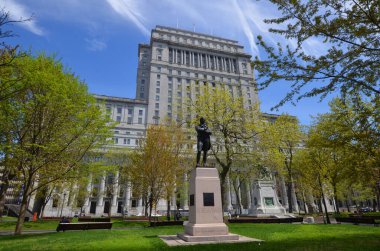 MONTREAL QUEBEC CANADA - 05 20 2020: Sunlife building in Montreal canada.The Sun Life Building is an historic office building at 1155 Metcalfe Street. Place ville Marie in background. 