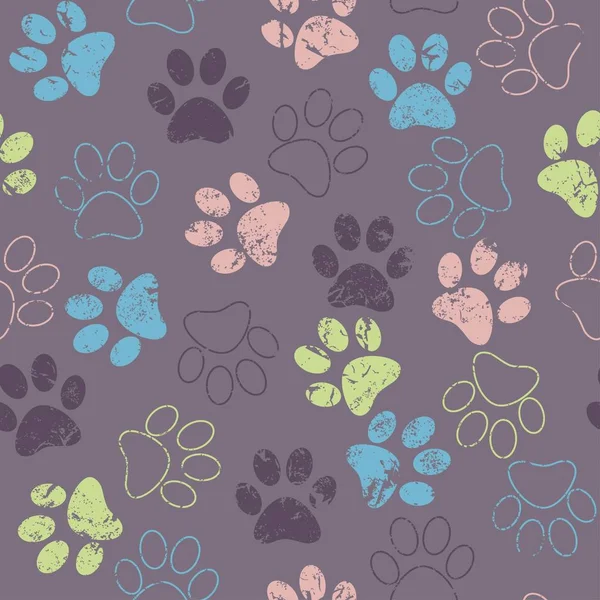 Patrón sin costura vectorial con huellas de gato o perro. Lindo colorfu — Vector de stock