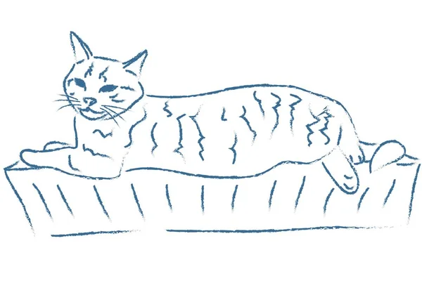 Eine nette Katze liegt auf einem warmen Akku. Vektorskizze — Stockvektor