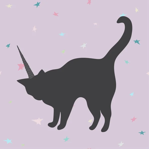 Schwarze Silhouette einer Katze mit Horn. Einhorn. Vektorfee krank — Stockvektor