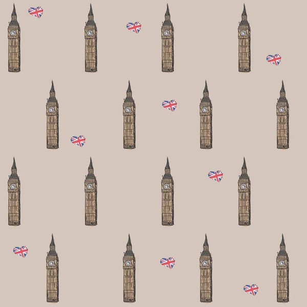 Nahtloses Muster "Lieblingslondon". mit dem Bild von bigben und — Stockvektor