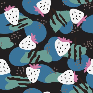 Çilekler, çizgiler, noktalar ve noktalarla parlak, pürüzsüz bir desen. Minimalist tarzda vektör illüstrasyonuName. 