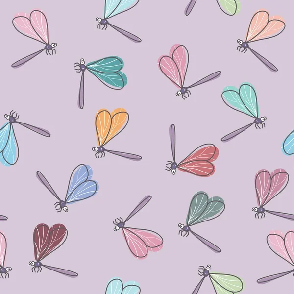 Mehrfarbige Cartoon-Libellen auf rosa Hintergrund. Vektor i — Stockvektor