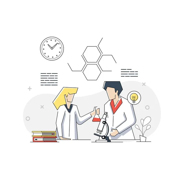 Cartoon of young scientists doing research in a laboratory on blue background. — Stock Vector