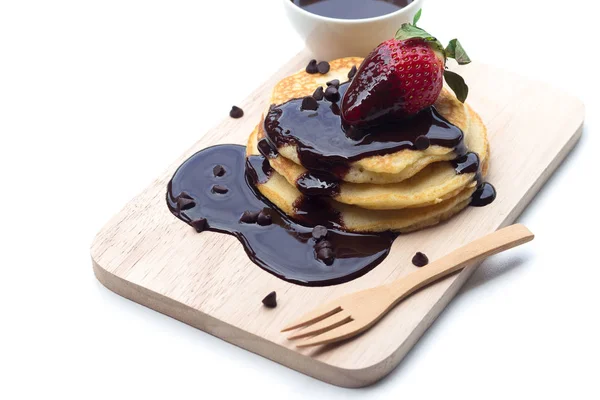 Pancakes with chocolate syrup and strawberry — Stock Photo, Image