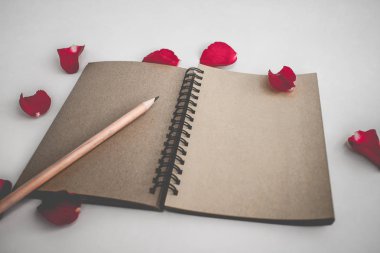 Sevgililer arka plan için yaprakları ve kahverengi defter ile kırmızı gül