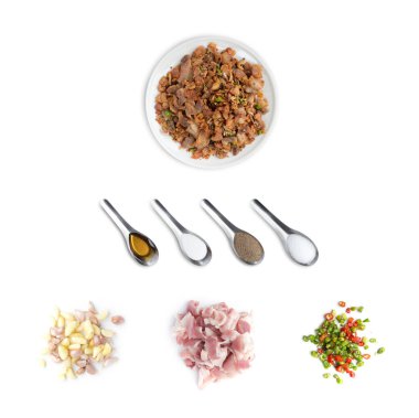 Tuzlu dilimlenmiş domuz eti; peper; şeker; kırmızı biber; balık sosu ve garli