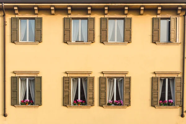 Fenster an gelber Wand mit Blume. lizenzfreie Stockfotos