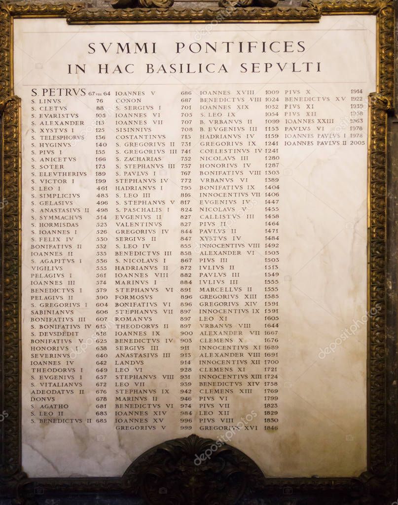 List of Pope name at Saint Peter's Basilica. Stock Editorial Photo
