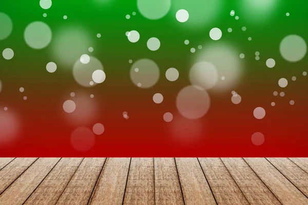Wood table with red and green color background with bokeh. — Stock Photo, Image