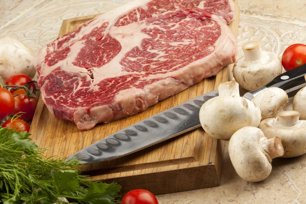 Raw Fresh Meat Steak Ribeye Marble Greens Tomatoes Mushrooms Plate — Stock Photo, Image