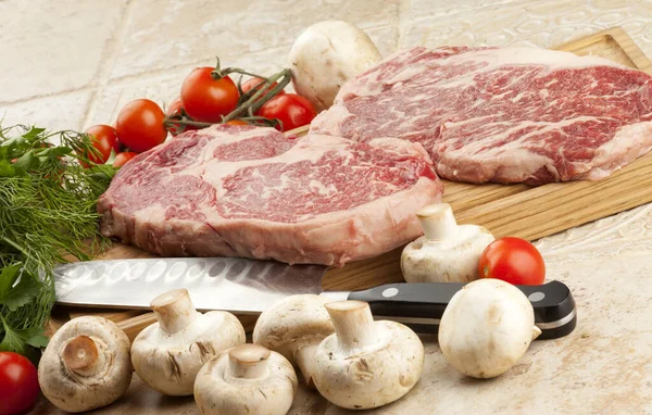 Raw Fresh Meat Steak Ribeye Marble Greens Tomatoes Mushrooms Plate — Stock Photo, Image