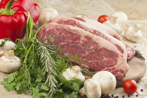 Raw Fresh Meat Steak Ribeye Marble Greens Tomatoes Mushrooms Plate — Stock Photo, Image