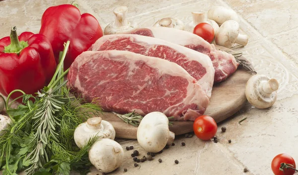 Raw Fresh Meat Steak Ribeye Marble Greens Tomatoes Mushrooms Plate — Stock Photo, Image