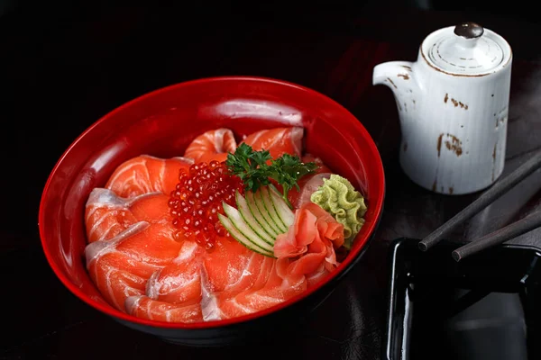 Salmon Sashimi Red Caviar Plate Dark Background — Stock Photo, Image
