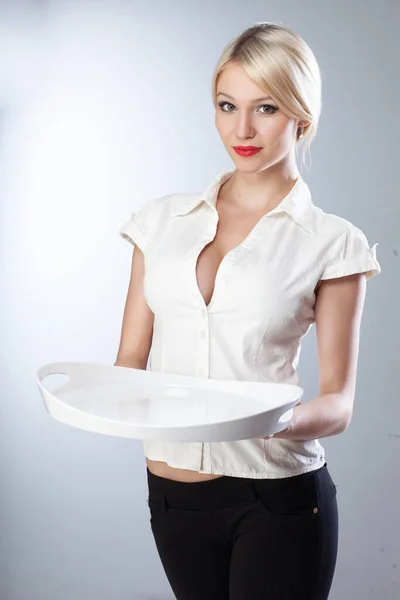 Young Girl Waitress Tray White Background — Stock Photo, Image