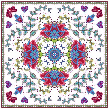 Soyut grafik arka plan, Mandala geometrik süs ile kare desen. Bandanna şal kumaş baskı, ipek boyun eşarp veya mendil tasarımı, vektör illüstrasyon.