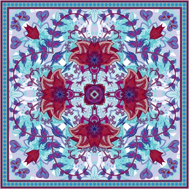Soyut grafik arka plan, Mandala geometrik süs ile kare desen. Bandanna şal kumaş baskı, ipek boyun eşarp veya mendil tasarımı, vektör illüstrasyon.