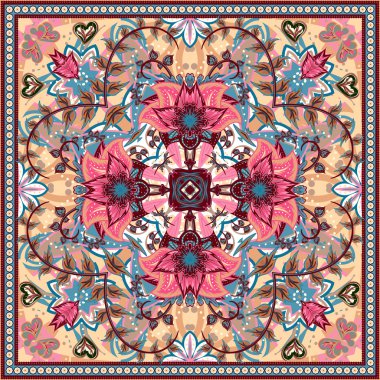 Dekoratif çiçek süsü. Kartlar, bandana baskılar, mendil tasarımı, masa örtüleri ve peçeteler için kullanılabilir. Vektör çizimi.