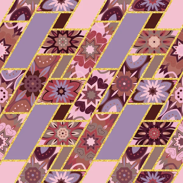 Vektor abstrakte nahtlose Patchwork-Muster mit geometrischen und floralen Ornamenten, stilisierten Blumen, Punkten Spitze. Boho-Vintage-Stil. — Stockvektor