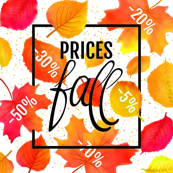 Watercolor imitation autumn foliage vector sale banner. Prices fall lettering. Not trace. — Stock Vector