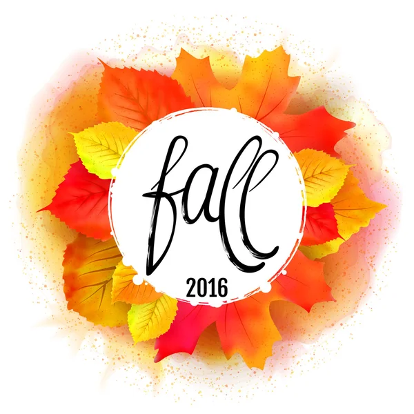Hand made lettering Fall over round label with leaves — Stock Vector