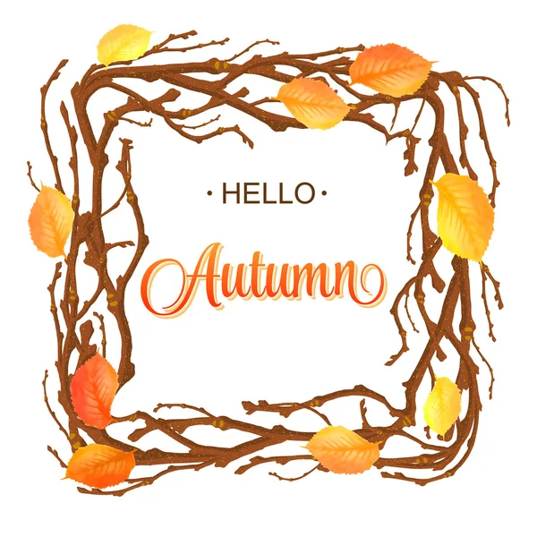 Olá Autumn Background. Ramo brilhante e folhas em madeira. lettering — Vetor de Stock