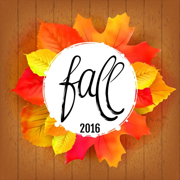 Hand made lettering Fall over round label with leaves — Stock Vector