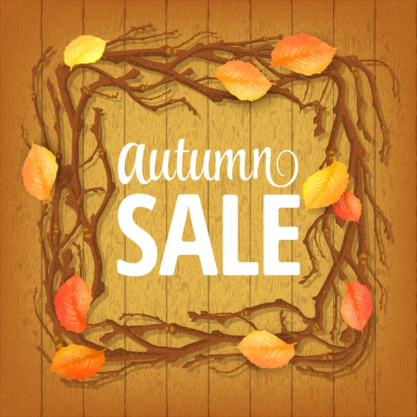 Olá Autumn Background. Ramo brilhante e folhas em madeira. lettering — Vetor de Stock