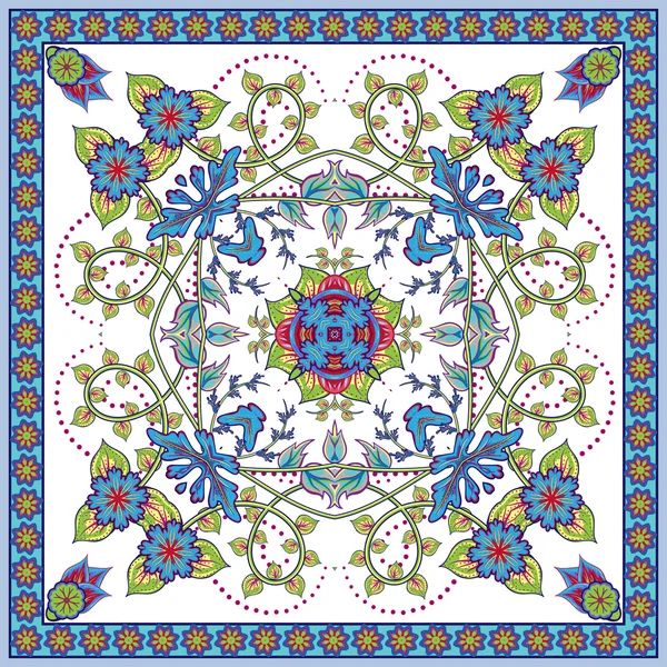 Fundo gráfico abstrato, padrão quadrado com ornamento geométrico Mandala. Impressão de tecido de xale de Bandanna, cachecol de pescoço de seda ou design de lenço, ilustração vetorial . — Vetor de Stock