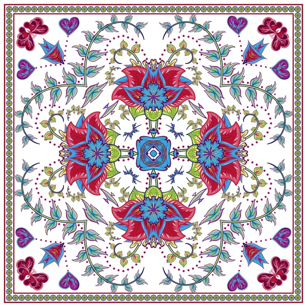 Fondo gráfico abstracto, patrón cuadrado con adorno geométrico Mandala. Bandanna estampado de tela de chal, bufanda de cuello de seda o diseño de pañuelo, ilustración vectorial . — Vector de stock