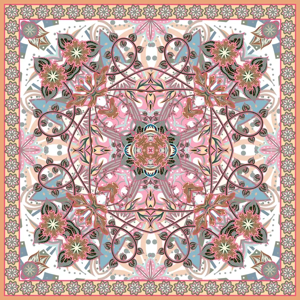 Fundo gráfico abstrato, padrão quadrado com ornamento geométrico Mandala. Impressão de tecido de xale de Bandanna, cachecol de pescoço de seda ou design de lenço, ilustração vetorial . — Vetor de Stock