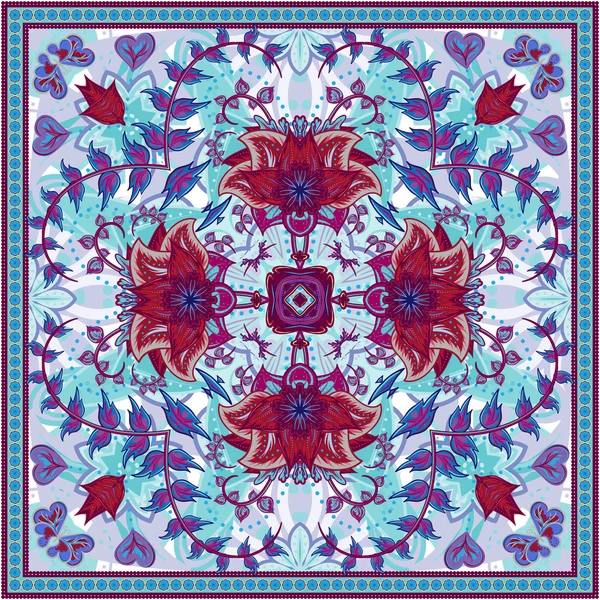 Absztrakt grafikus háttér, szögletes mintás Mandala geometriai dísz. Bandanna kendő szövet Print, selyem nyak sálat, vagy kendő design, vektor illusztráció. — Stock Vector