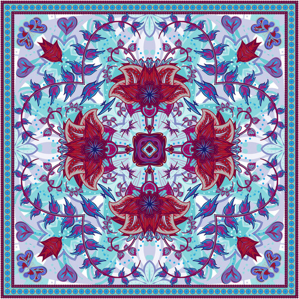 Abstract graphic background, square pattern with Mandala geometric ornament. Bandanna shawl fabric print, silk neck scarf or kerchief design, vector illustration.