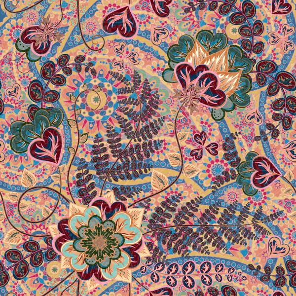 Украшенный фантазии цветы бесшовные paisley картины. Цветочный орнамент на темном фоне для ткани, текстиля, открыток, оберточной бумаги, шаблонов обоев. — стоковый вектор